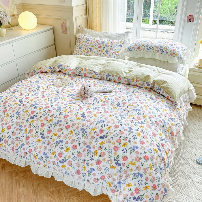 91家纺网 家纺一手货源 找家纺 清雅福 2024新款喷气全棉13372韩版花边款四件套 初遇