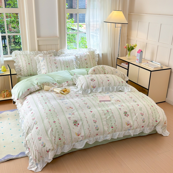 91家纺网 家纺一手货源 找家纺 （总）清雅福 2024新款喷气全棉13372韩版花边款四件套