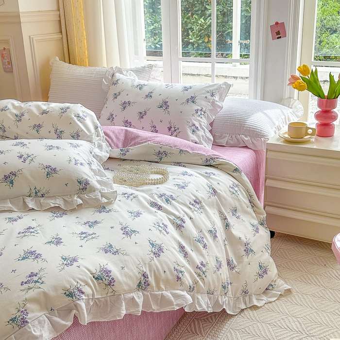 91家纺网 家纺一手货源 找家纺 清雅福 2024新款喷气全棉13372韩版花边款单枕套 薰衣草