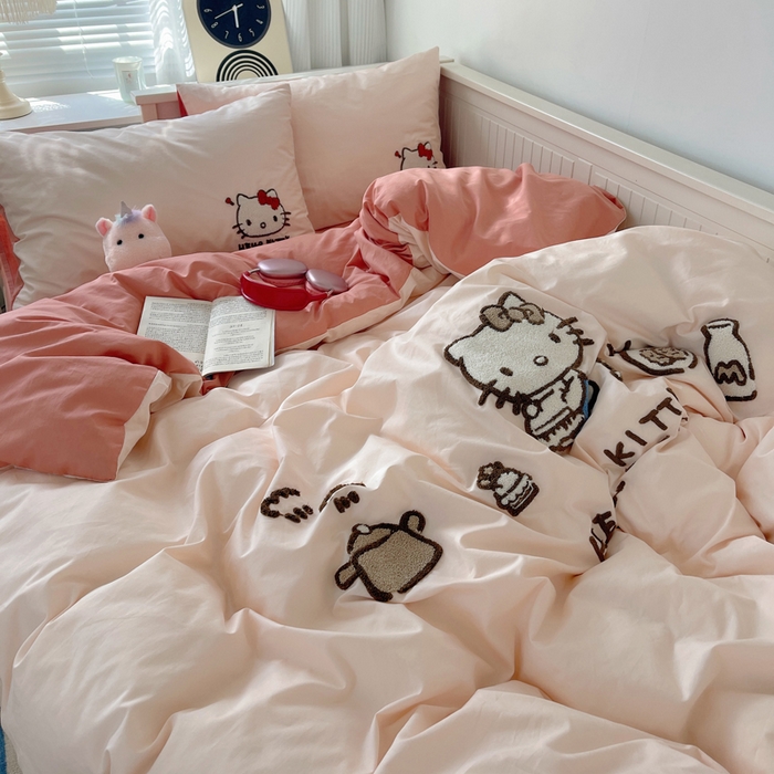 91家纺网 家纺一手货源 找家纺 金爱家 2024新款卡通纯棉毛巾绣四件套 毛巾绣-豆沙kt