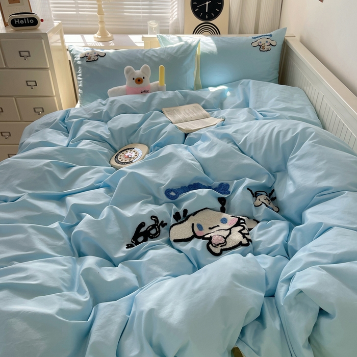 91家纺网 家纺一手货源 找家纺 金爱家 2024新款卡通纯棉毛巾绣四件套 毛巾绣-开心玉桂狗