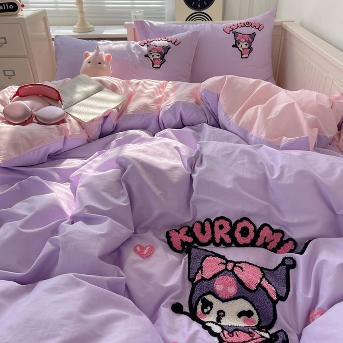 91家纺网 家纺一手货源 找家纺 金爱家 2024新款卡通纯棉毛巾绣四件套 毛巾绣-萌萌库洛米紫