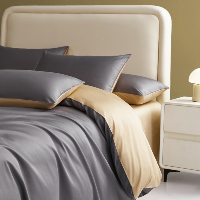 91家纺网 家纺一手货源 找家纺 莱阁亿 2025新款60支长绒棉纯色拼色四件套 帝都灰+香槟