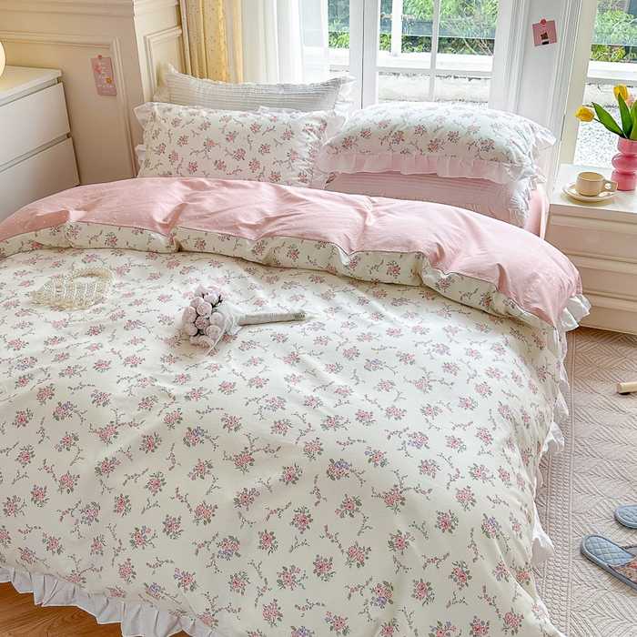 91家纺网 家纺一手货源 找家纺 清雅福 2024新款喷气全棉13372韩版花边款四件套 柔香