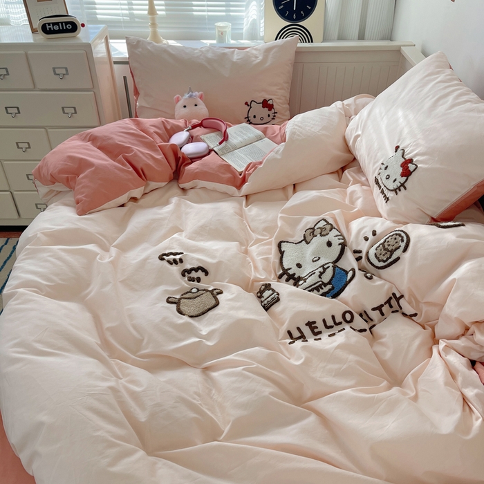 91家纺网 家纺一手货源 找家纺 金爱家 2024新款卡通纯棉毛巾绣四件套 毛巾绣-豆沙kt