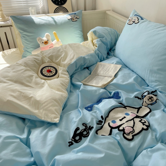 91家纺网 家纺一手货源 找家纺 金爱家 2024新款卡通纯棉毛巾绣四件套 毛巾绣-开心玉桂狗