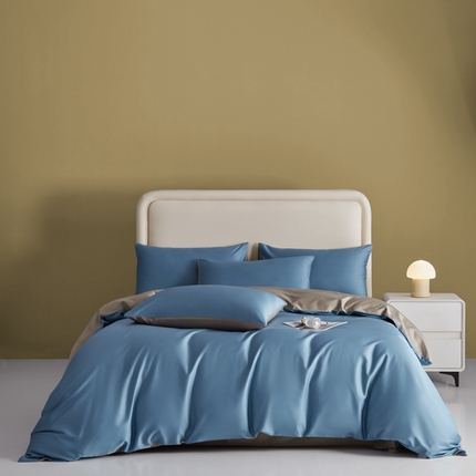 莱阁亿 2025新款60支长绒棉纯色拼色四件套 风景蓝+冰灿银