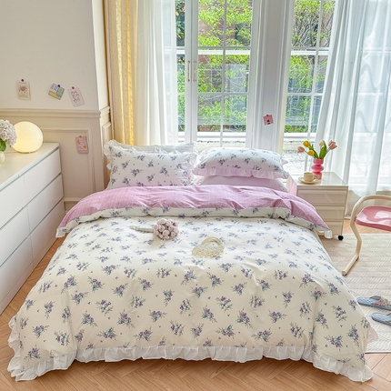 清雅福 2024新款喷气全棉13372韩版花边款四件套 薰衣草