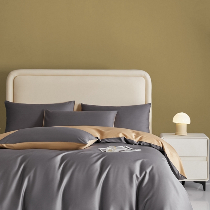 91家纺网 家纺一手货源 找家纺 莱阁亿 2025新款60支长绒棉纯色拼色四件套 帝都灰+香槟