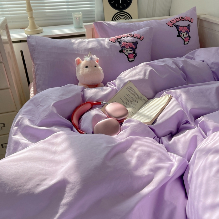 91家纺网 家纺一手货源 找家纺 金爱家 2024新款卡通纯棉毛巾绣四件套 毛巾绣-萌萌库洛米紫