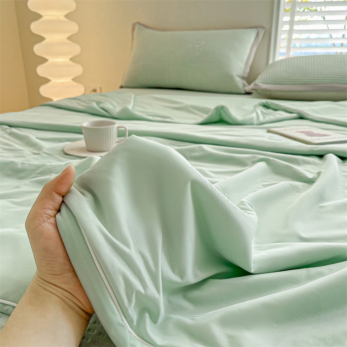 91家纺网 家纺一手货源 找家纺 欧邦 新款华夫格冰豆凉感床笠款夏被套件（外贸供货）小熊款-水绿