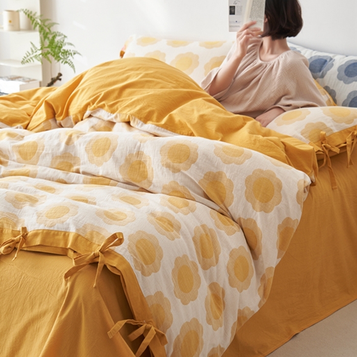 91家纺网 家纺一手货源 找家纺 安莱生活 2024新款双层纱大提花四件套-太阳花系列 太阳花-姜黄