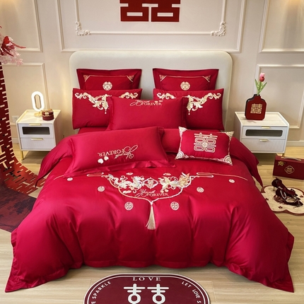 用心 2024新款全棉高端婚庆绣花四件套喜乐龙凤