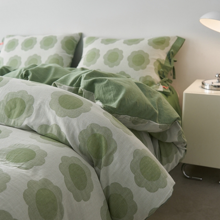 91家纺网 家纺一手货源 找家纺 安莱生活 2024新款双层纱大提花四件套-太阳花系列 太阳花-嫩绿