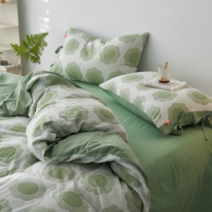 91家纺网 家纺一手货源 找家纺 安莱生活 2024新款双层纱大提花四件套-太阳花系列 太阳花-嫩绿