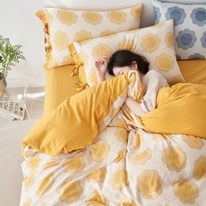 91家纺网 家纺一手货源 找家纺 安莱生活 2024新款双层纱大提花四件套-太阳花系列 太阳花-姜黄