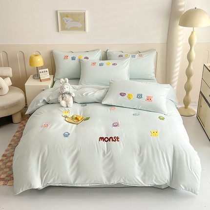 妖妖家纺 2024新款超柔云朵棉毛巾绣四件套（小怪兽） 小怪兽-天蓝