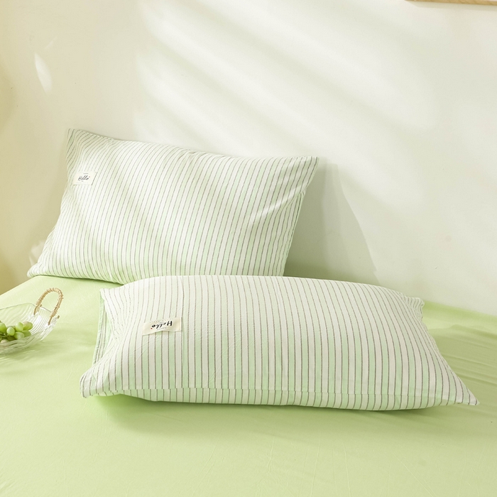 91家纺网 家纺一手货源 找家纺 恋人优选 2024新款纯棉枕套贴标款 简约条纹-果绿