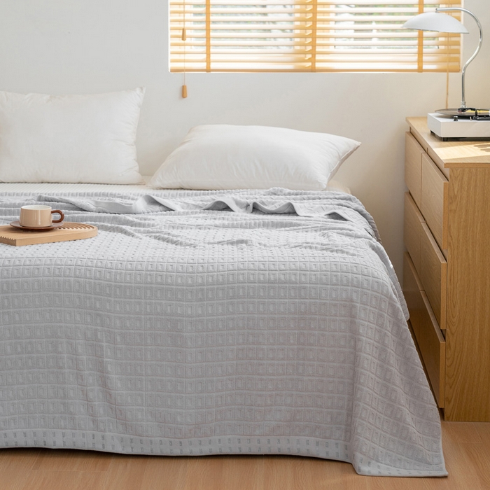 91家纺网 家纺一手货源 找家纺 乐家毛巾被（工厂自产自销） 2024新款简约方块格毛圈 灰色