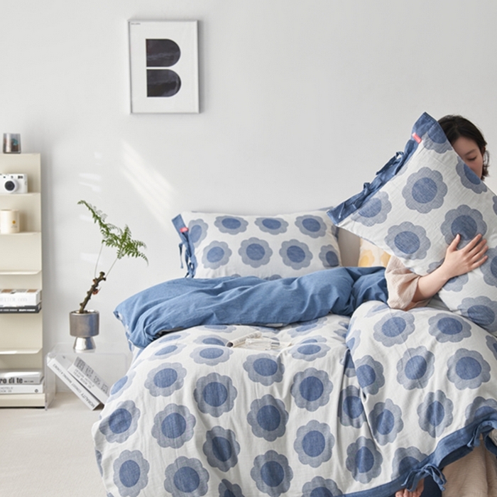 91家纺网 家纺一手货源 找家纺 安莱生活 2024新款双层纱大提花四件套-太阳花系列 太阳花-深蓝