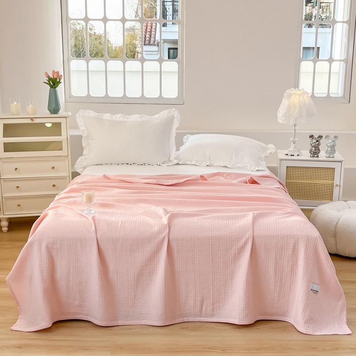 91家纺网 家纺一手货源 找家纺 乐家毛巾被（工厂自产自销） 2024新款全棉华夫格毛巾被 粉色