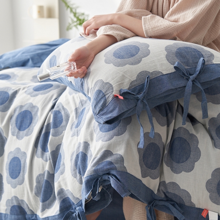 91家纺网 家纺一手货源 找家纺 安莱生活 2024新款双层纱大提花四件套-太阳花系列 太阳花-深蓝