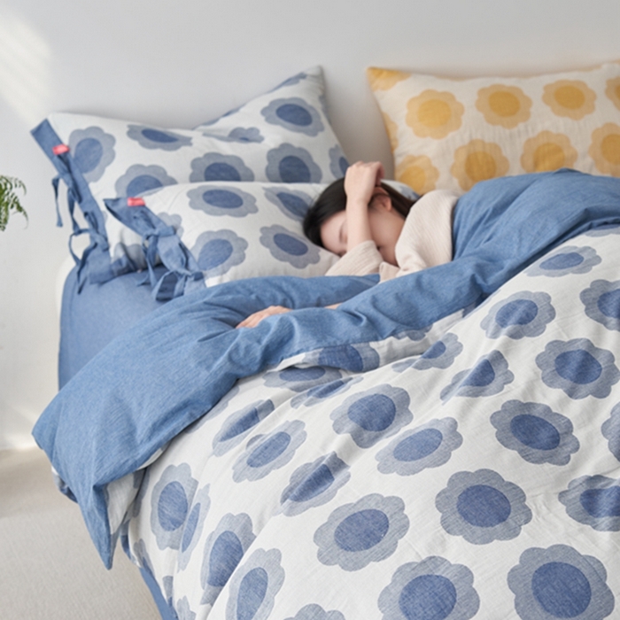 91家纺网 家纺一手货源 找家纺 安莱生活 2024新款双层纱大提花四件套-太阳花系列 太阳花-深蓝