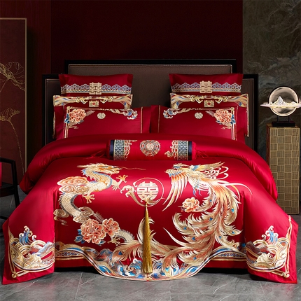 用心 2025年新款长绒棉重工绣花婚庆四件套多件套龙翔凤舞