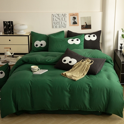 妖妖家纺 2024新款超柔水洗棉毛巾绣四件套（眼睛） 大眼睛-翠绿+深黑