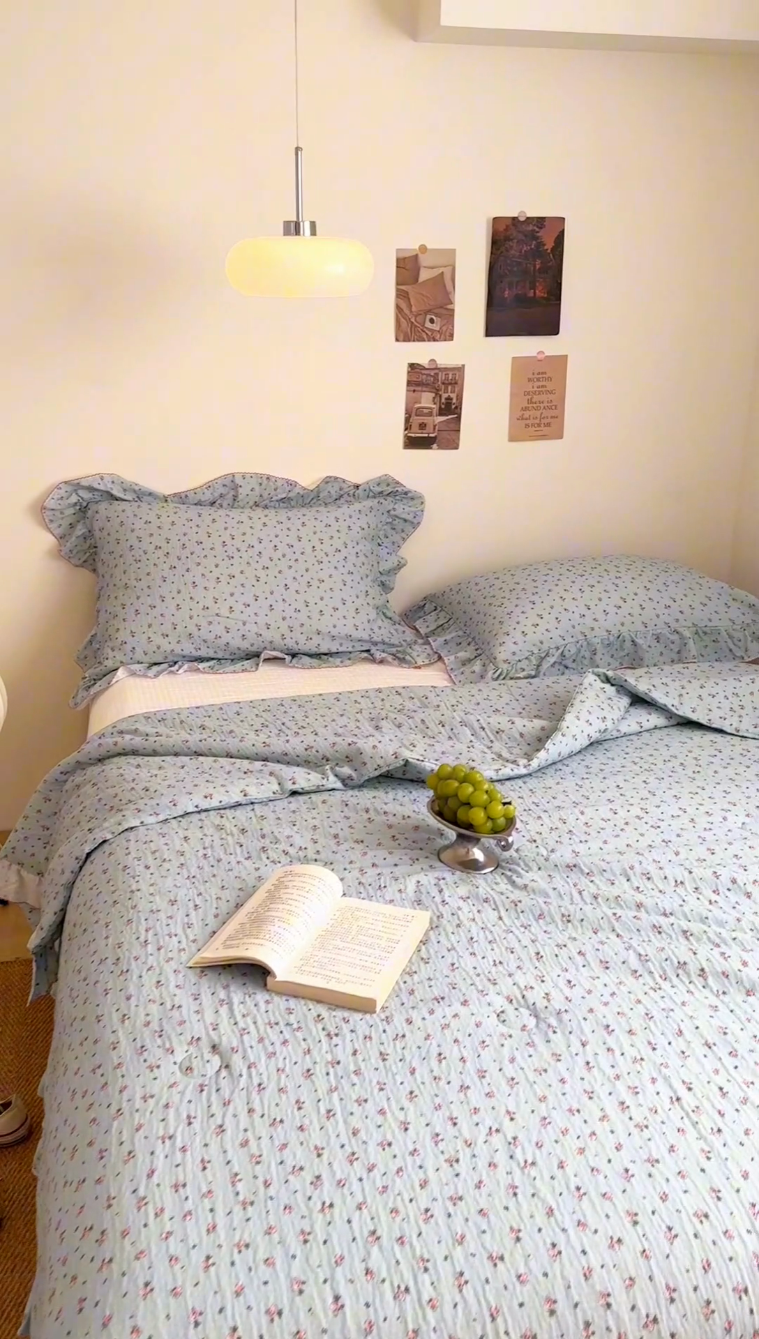 91家纺网 家纺一手货源 找家纺 玛奇朵 2024新款韩式荷叶边全棉双层皱皱纱夏被三件套 蓝栩