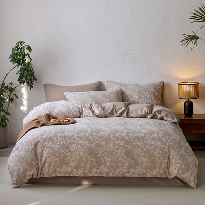 91家纺网 家纺一手货源 找家纺 安莱生活 2025新款三层纱大提花四件套-叶雨朦胧 叶雨朦胧-卡其