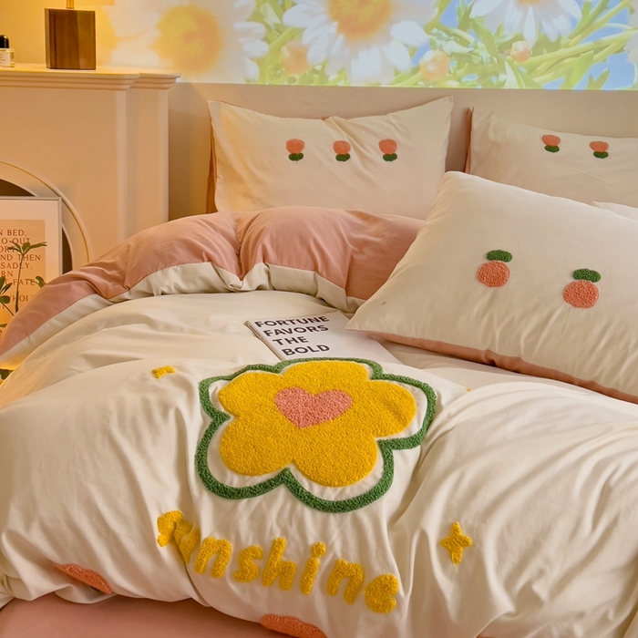 91家纺网 家纺一手货源 找家纺 艾橙家纺 2024新款超柔云朵棉毛巾绣四件套 花儿朵朵