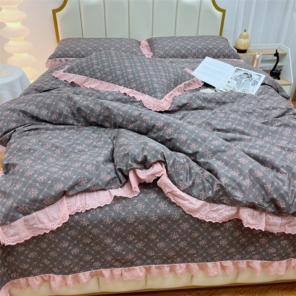 91家纺网 家纺一手货源 找家纺 暖居 2024新款砂洗棉花被套全棉床盖四件套绗缝夹棉纯棉床盖三件套 知画