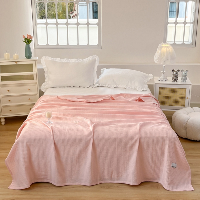 91家纺网 家纺一手货源 找家纺 乐家毛巾被（工厂自产自销） 2024新款全棉华夫格毛巾被 粉色