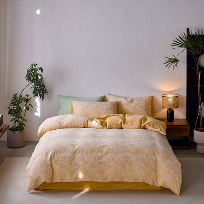 91家纺网 家纺一手货源 找家纺 安莱生活 2025新款三层纱大提花四件套-叶雨朦胧 叶雨朦胧-姜黄