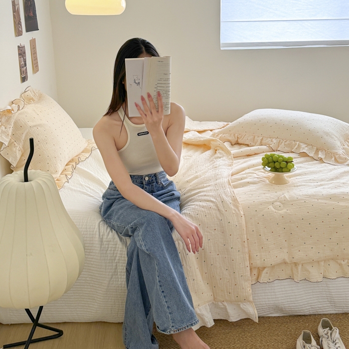 91家纺网 家纺一手货源 找家纺 （总）玛奇朵 2024新款韩式荷叶边全棉双层皱皱纱夏被三件套