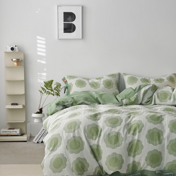 91家纺网 家纺一手货源 找家纺 安莱生活 2024新款双层纱大提花四件套-太阳花系列 太阳花-嫩绿