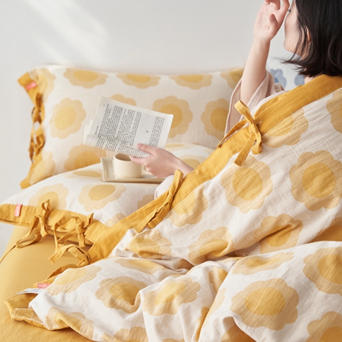 91家纺网 家纺一手货源 找家纺 安莱生活 2024新款双层纱大提花四件套-太阳花系列 太阳花-姜黄