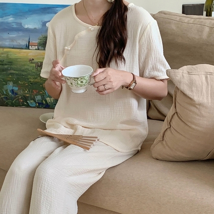 91家纺网 家纺一手货源 找家纺 （总）纽约生活 2024新款婴儿棉纱短袖九分裤国风家居服 