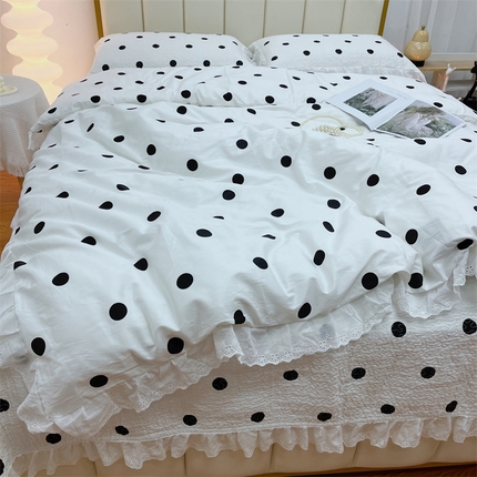 91家纺网 家纺一手货源 找家纺 暖居 2024新款砂洗棉花被套全棉床盖四件套绗缝夹棉纯棉床盖三件套波点白