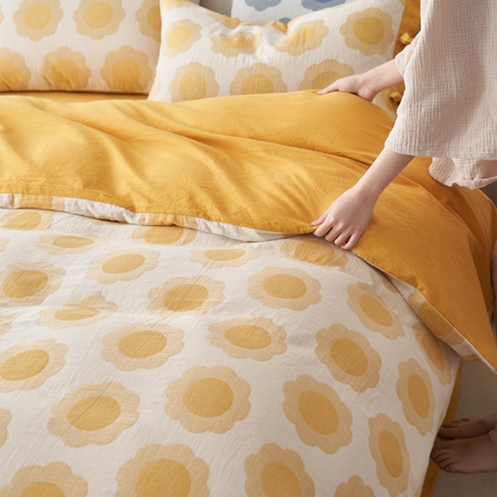 91家纺网 家纺一手货源 找家纺 安莱生活 2024新款双层纱大提花四件套-太阳花系列 太阳花-姜黄