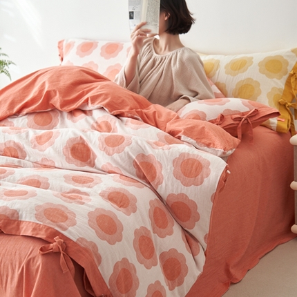 91家纺网 家纺一手货源 找家纺 安莱生活 2024新款双层纱大提花四件套-太阳花系列 太阳花-橘红