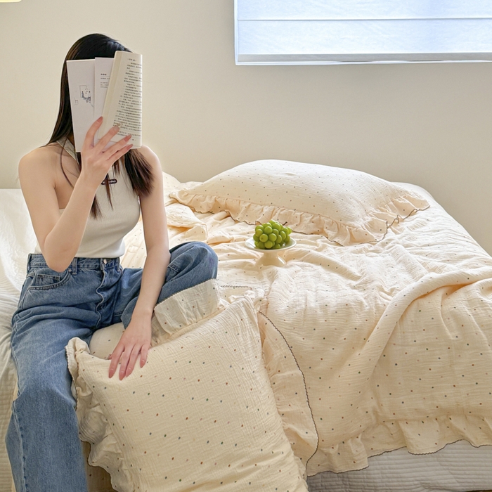 91家纺网 家纺一手货源 找家纺 （总）玛奇朵 2024新款韩式荷叶边全棉双层皱皱纱夏被三件套