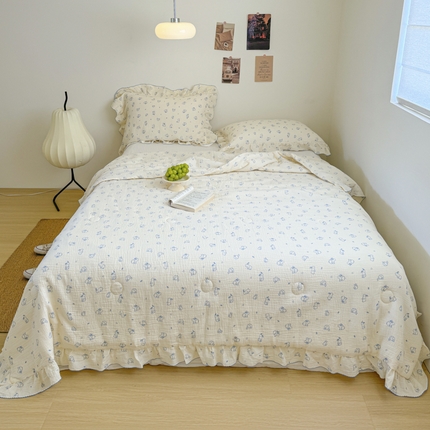 91家纺网 家纺一手货源 找家纺 玛奇朵 2024新款韩式荷叶边全棉双层皱皱纱夏被三件套 小兰兔