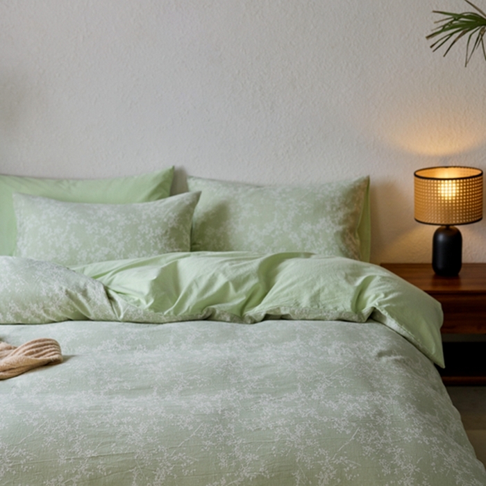 91家纺网 家纺一手货源 找家纺 安莱生活 2025新款三层纱大提花四件套-叶雨朦胧 叶雨朦胧-嫩绿