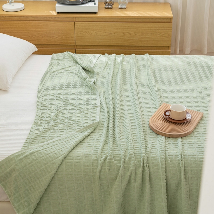 91家纺网 家纺一手货源 找家纺 乐家毛巾被（工厂自产自销） 2024新款简约方块格毛圈 绿色