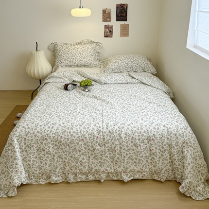 91家纺网 家纺一手货源 找家纺 （总）玛奇朵 2024新款韩式荷叶边全棉双层皱皱纱夏被三件套