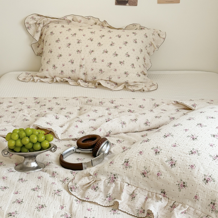 91家纺网 家纺一手货源 找家纺 玛奇朵 2024新款韩式荷叶边全棉双层皱皱纱夏被三件套 莉莉莎