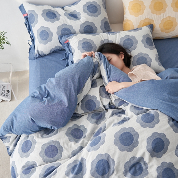 91家纺网 家纺一手货源 找家纺 安莱生活 2024新款双层纱大提花四件套-太阳花系列 太阳花-深蓝