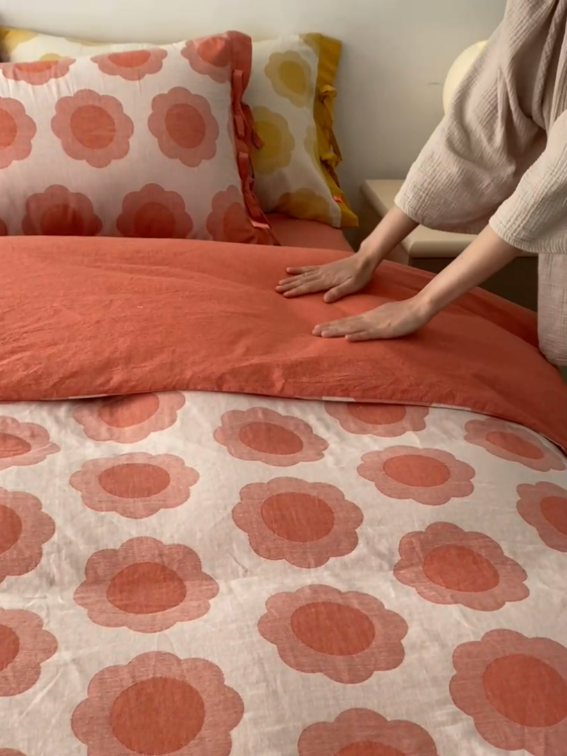 91家纺网 家纺一手货源 找家纺 安莱生活 2024新款双层纱大提花四件套-太阳花系列 太阳花-橘红